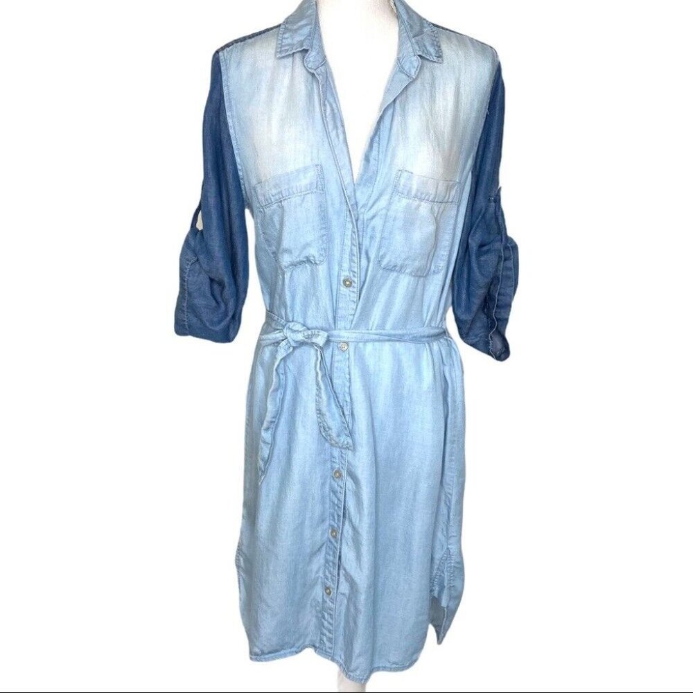 Anthropologie Cloth & Stone Colorblock Chambray Shirt Dress Blue Size Medium
